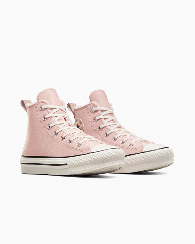 Converse Chuck Taylor All Star Lift Plateforme Cuir & Sherpa Rose Blanche Noir | WG5089126