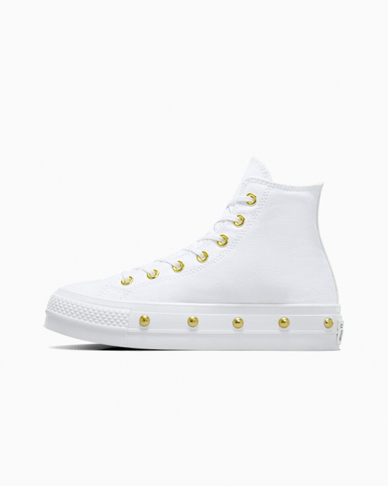 Converse Chuck Taylor All Star Lift Plateforme Star Studded Blanche Blanche Doré | MW5798140