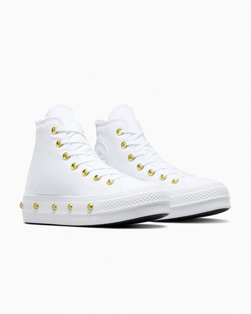 Converse Chuck Taylor All Star Lift Plateforme Star Studded Blanche Blanche Doré | MW5798140