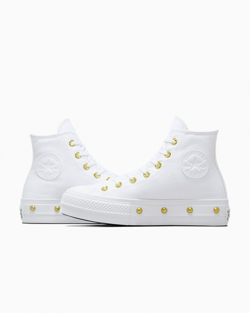 Converse Chuck Taylor All Star Lift Plateforme Star Studded Blanche Blanche Doré | MW5798140